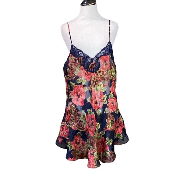 Vintage Gold Label Victorias Secret Floral Mini Nightie Blue Lace Rosette - Picture 1 of 12